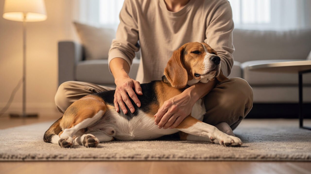 A person calmly checking on a comfortable beagle in a living room