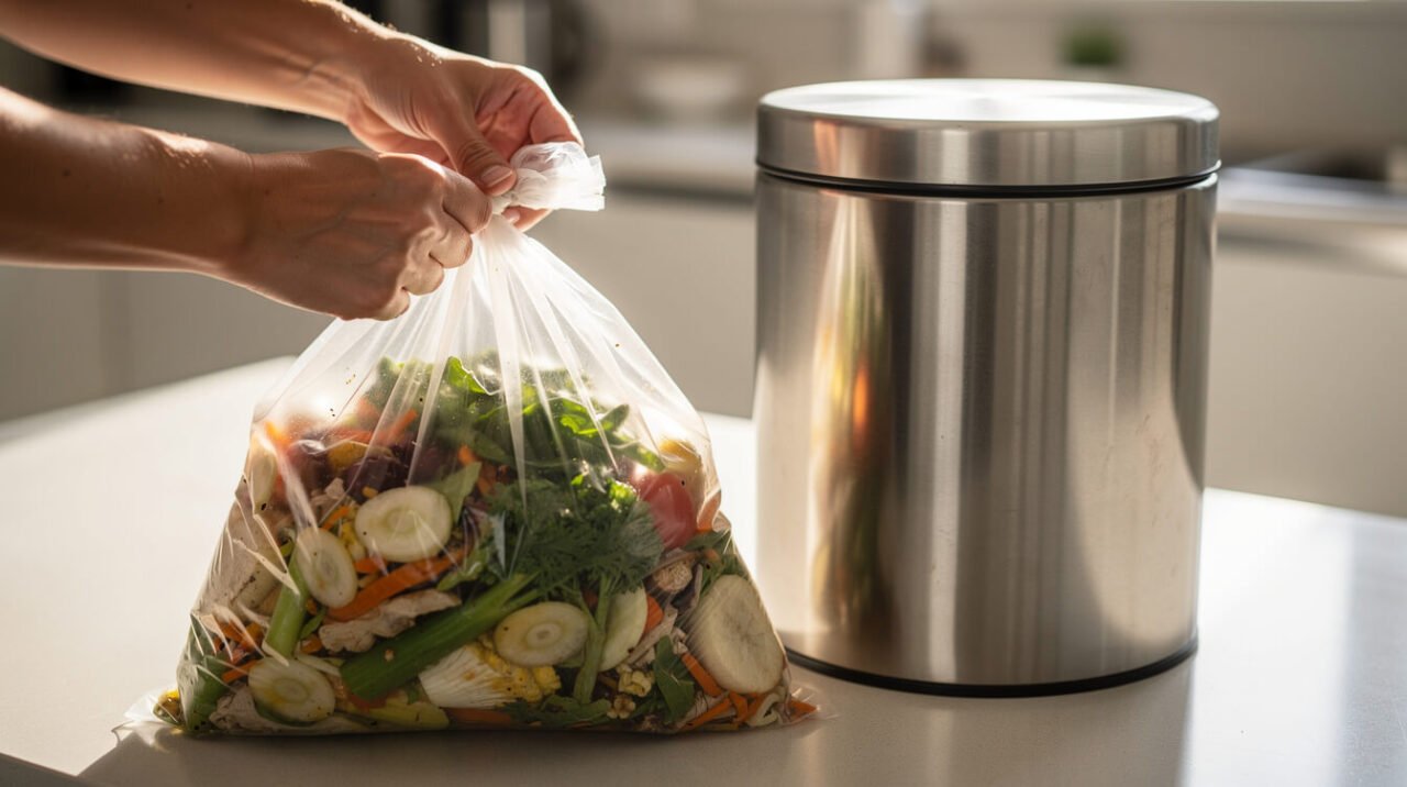 Hands sealing kitchen food scraps into a bag beside a lidded trash can