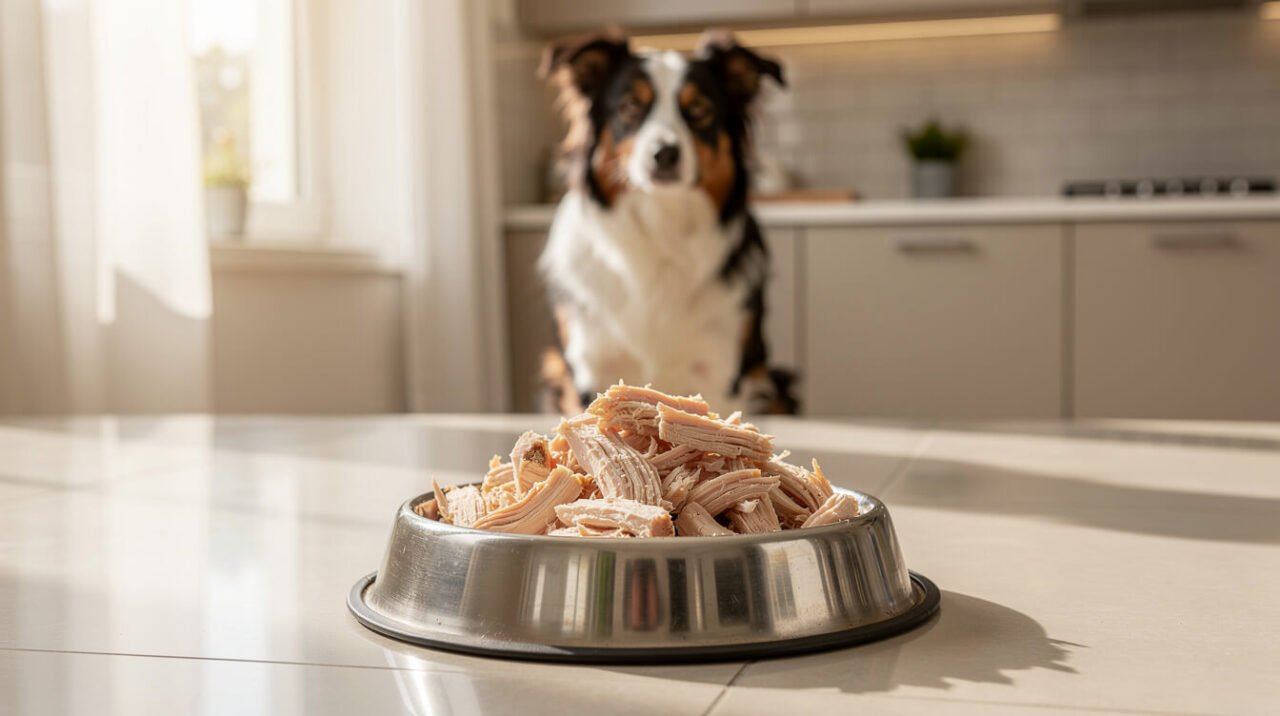 Plain cooked shredded chicken in a stainless dog bowl with a healthy dog waiting politely
