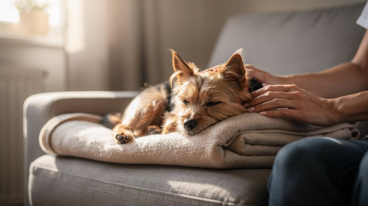 A small terrier resting comfortably on a soft blanket with an owner's hands nearby