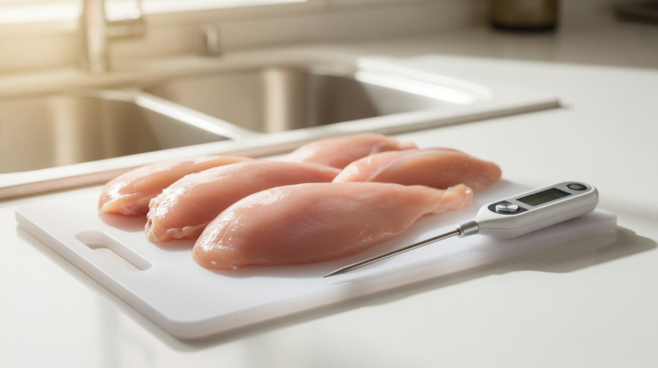 Raw chicken on a cutting board beside a meat thermometer in a clean kitchen