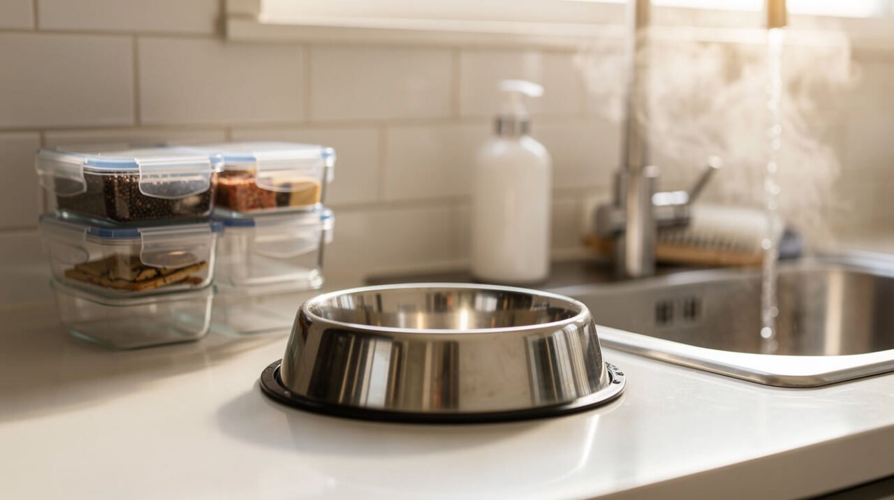 Clean kitchen counter with meal-prep containers, a stainless dog bowl, and soap at the sink