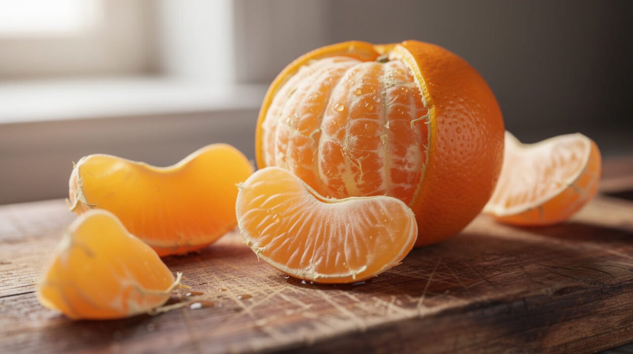 close-up of orange segments and a peeled orange on a wooden cutting board, natural light