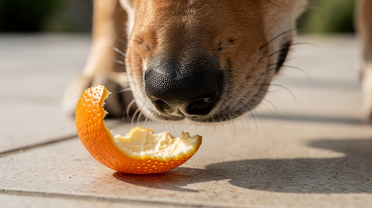 a dog's nose curiously sniffing at a discarded orange peel on the ground outdoors