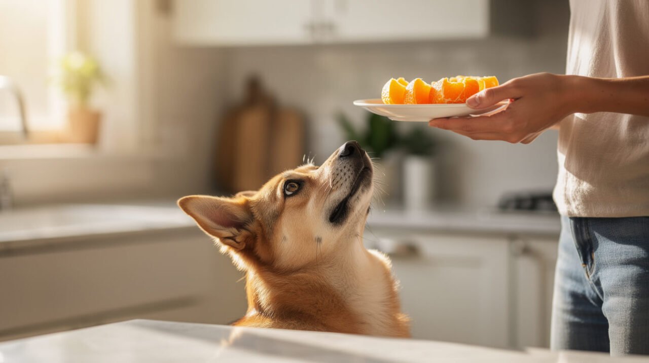 a small dog looking up expectantly at a plate of peeled orange segments held by its owner