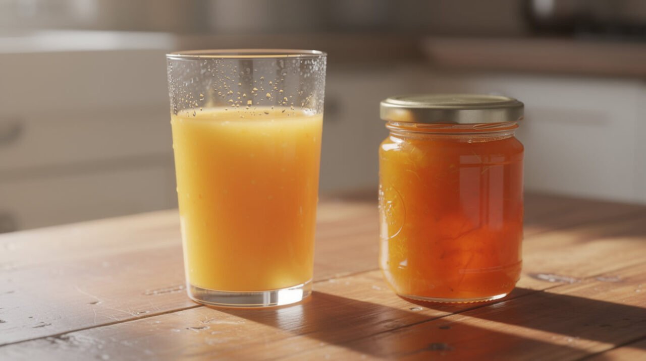 a glass of orange juice on a table next to a closed jar of marmalade, dog food safety context, no animals near the products