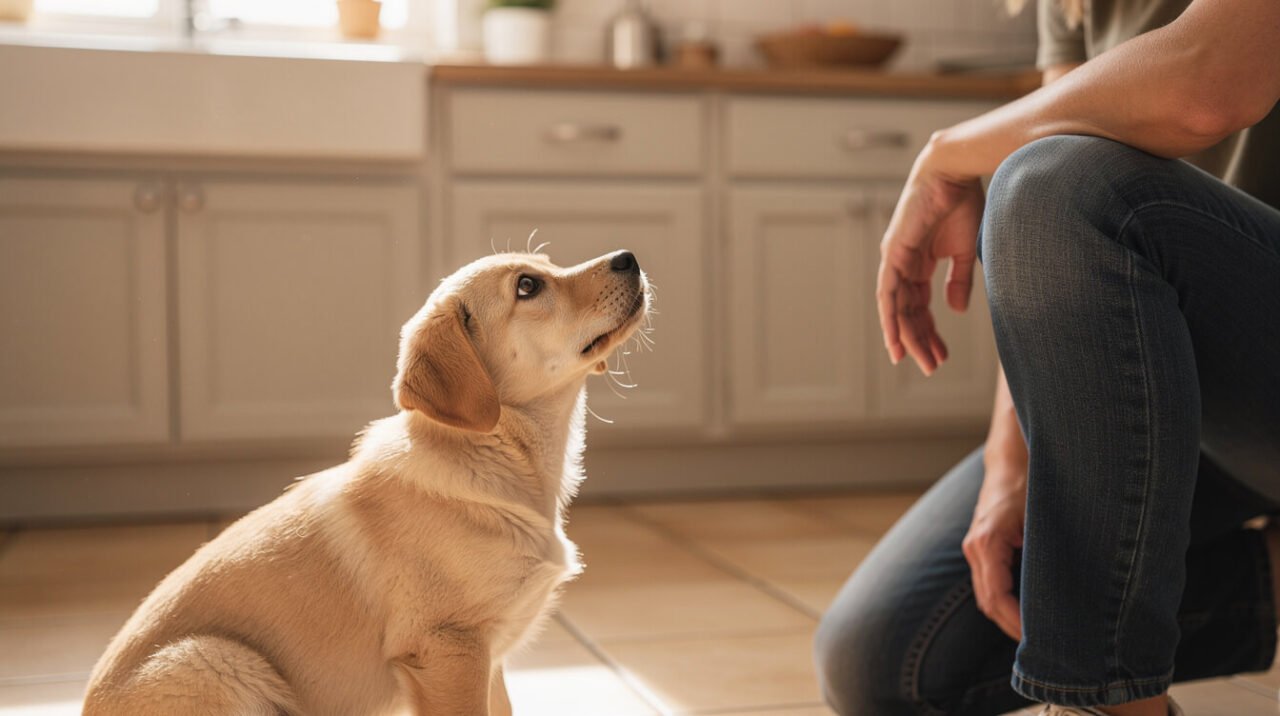 a young puppy sitting attentively next to its owner in a bright kitchen, no food visible