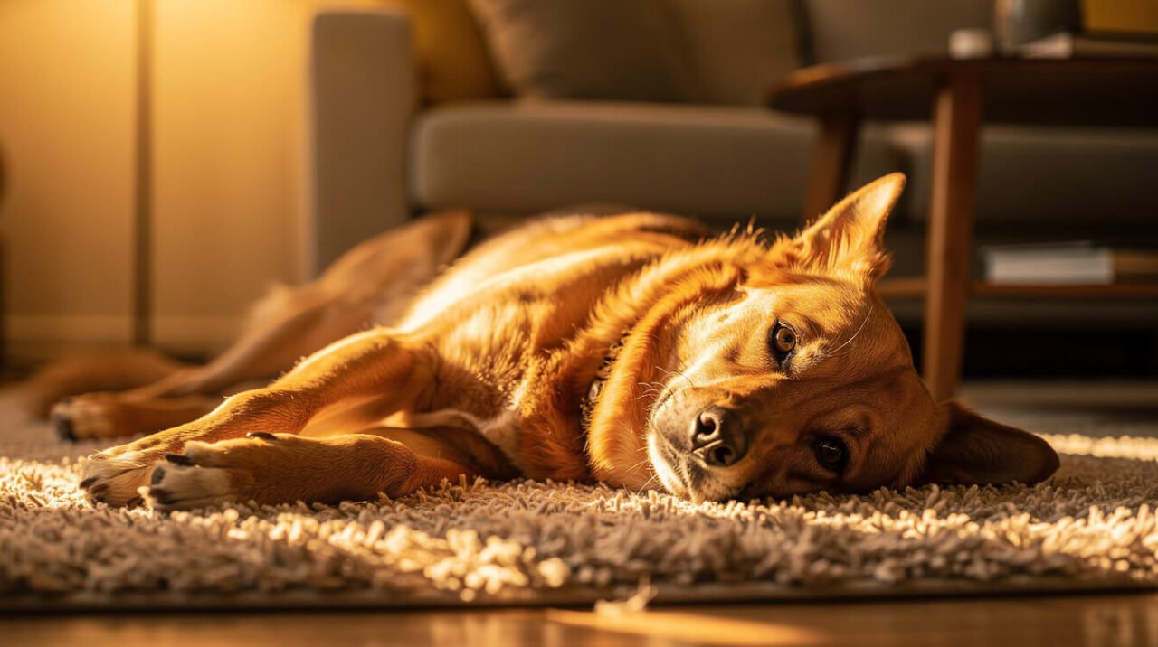 a content dog resting calmly on a rug at home, warm lighting