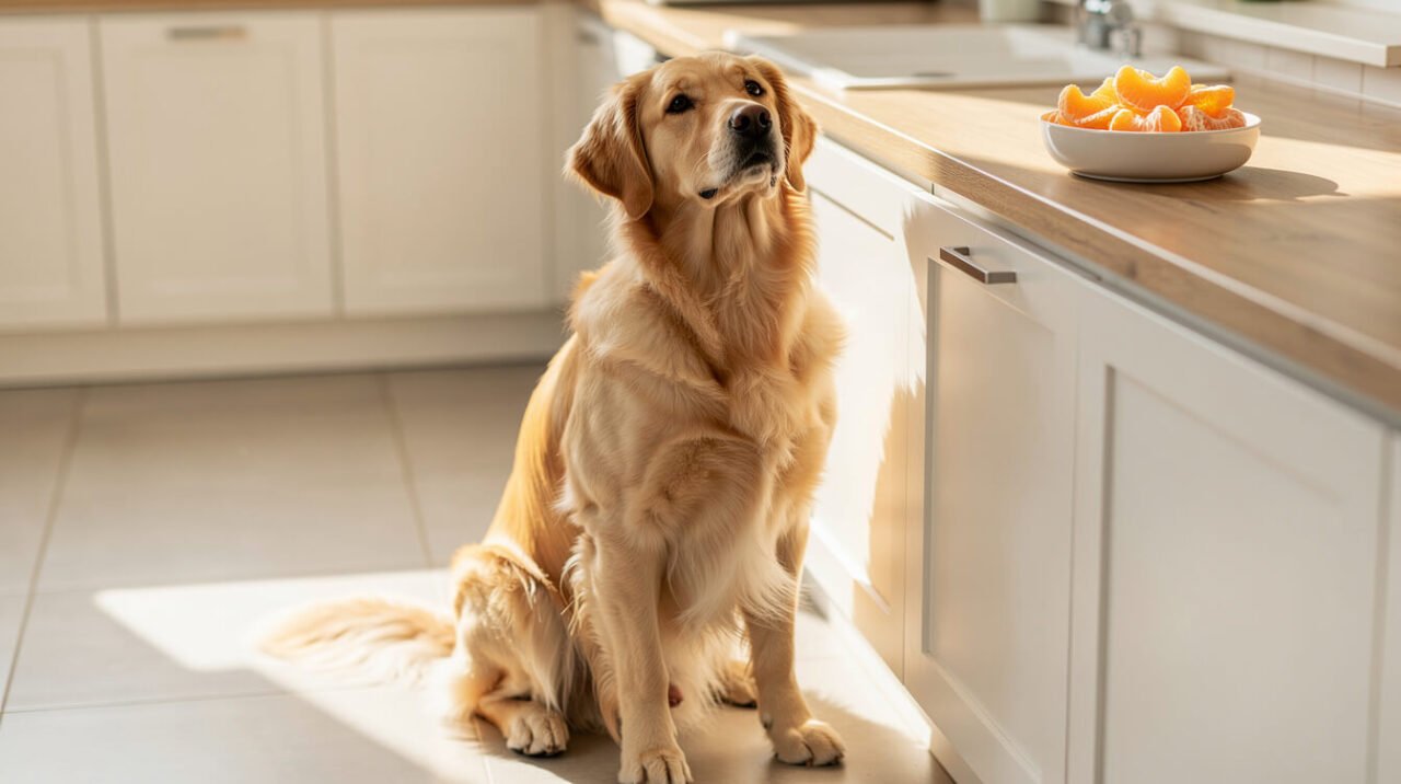 can my dog eat oranges - a healthy golden retriever sitting calmly beside a bowl of orange segments on a kitchen counter