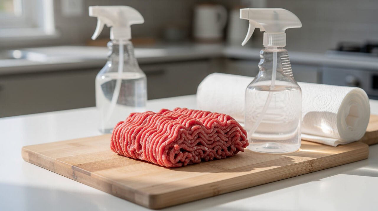 raw ground beef on a cutting board with cleaning supplies for safe kitchen handling