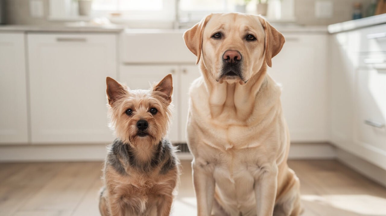 small terrier and large Labrador retriever side by side showing size difference for raw ground beef risk