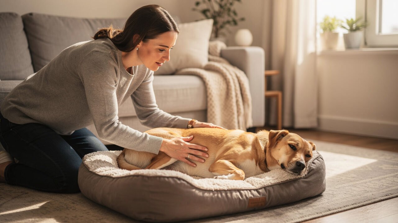 owner gently checking on a calm resting dog after the dog ate raw ground beef