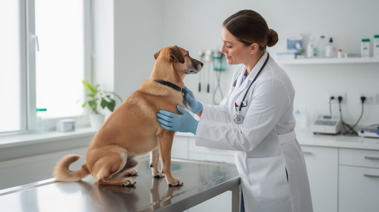 veterinarian examining a dog on an exam table after the dog ate raw ground beef