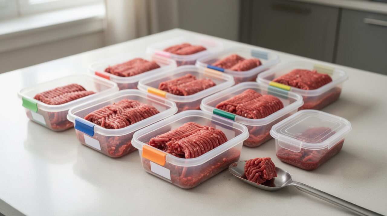 raw ground beef portioned into freezer-safe containers for a raw-fed dog