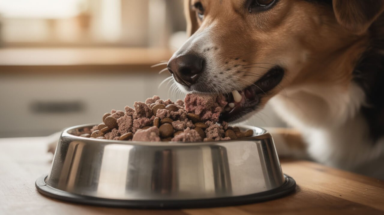 happy dog eating a bowl of plain cooked ground beef mixed into dog food