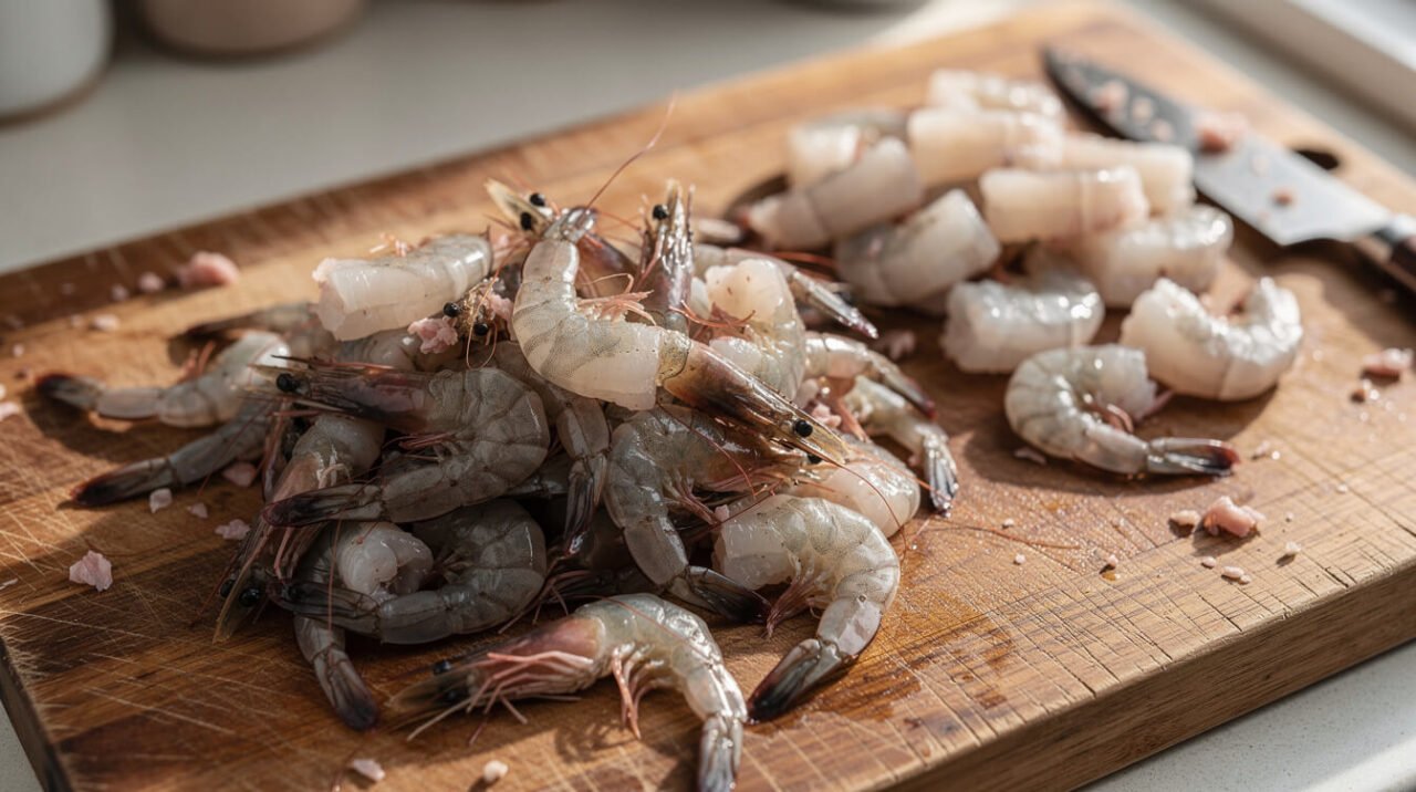 dog looking at bowl of plain cooked shrimp with shells removed