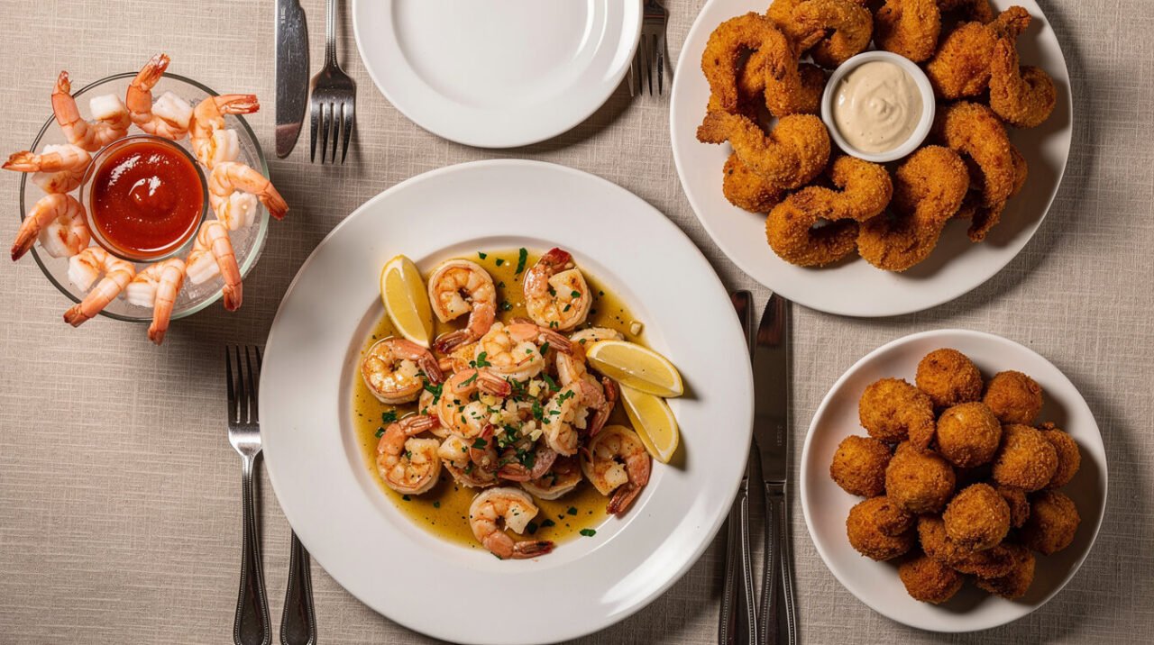 table spread of shrimp scampi, shrimp cocktail, coconut shrimp, and popcorn shrimp dishes