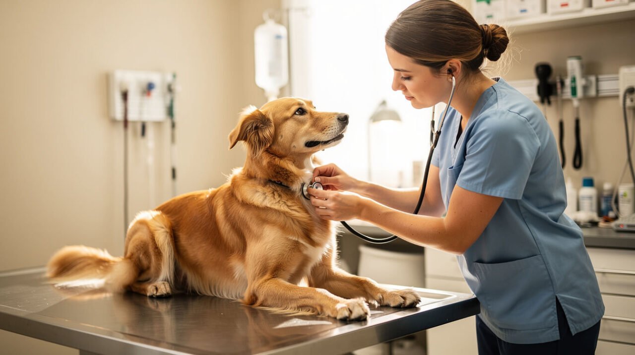 veterinarian checking a dog during a wellness exam