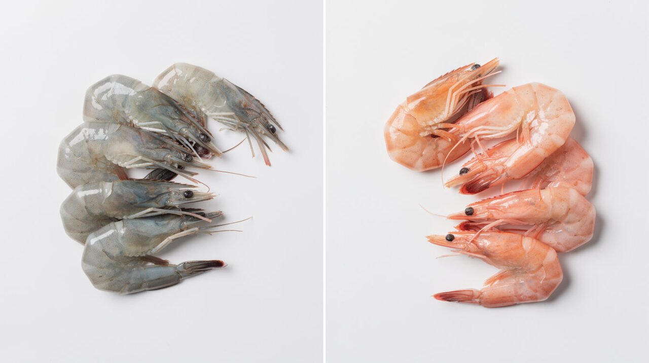raw shrimp next to steamed cooked shrimp comparison