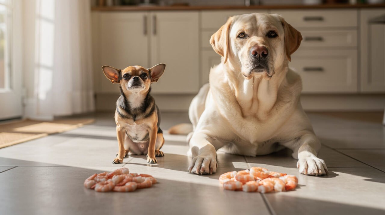 small dog and large dog side by side with a portion of shrimp