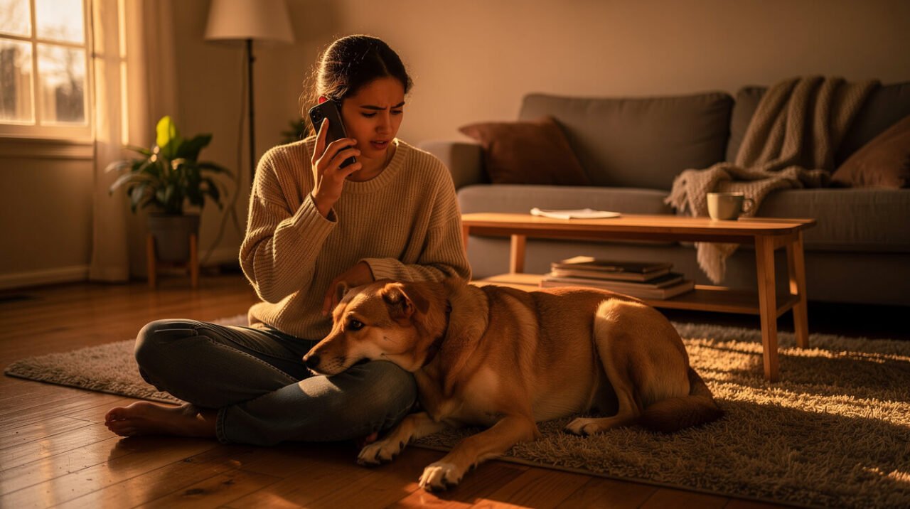 dog owner on the phone with a veterinarian while dog rests nearby
