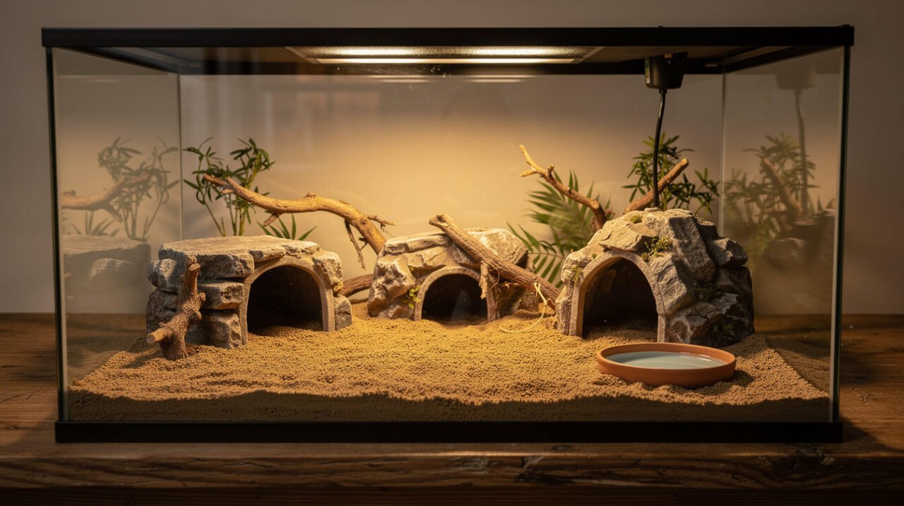 leopard gecko terrarium with hides and water dish