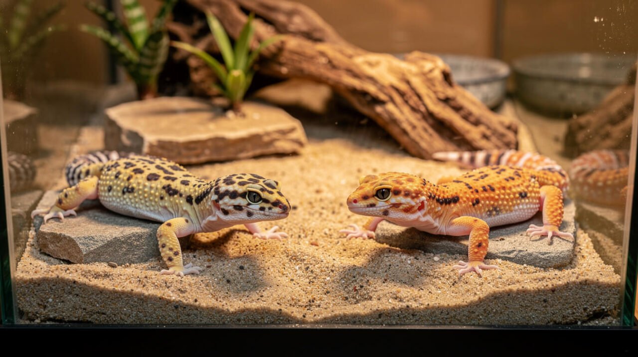 two leopard geckos resting in a naturalistic enclosure
