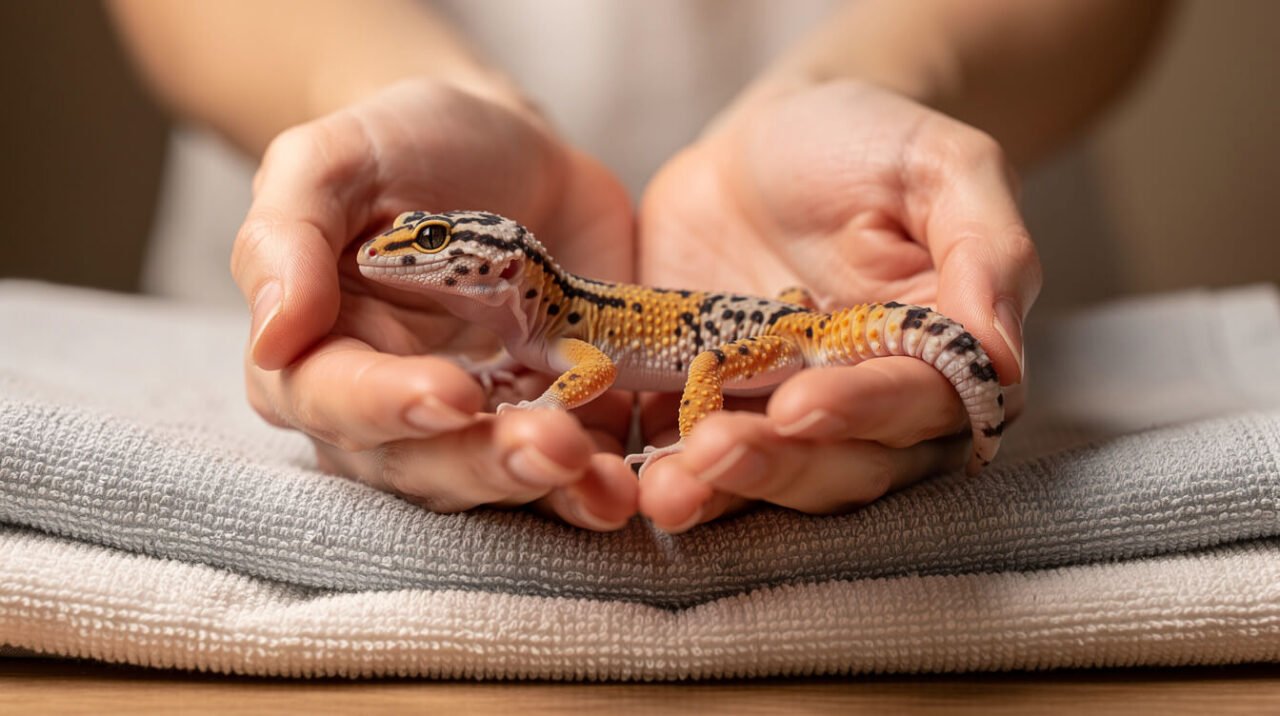 gently handling a leopard gecko above a soft towel