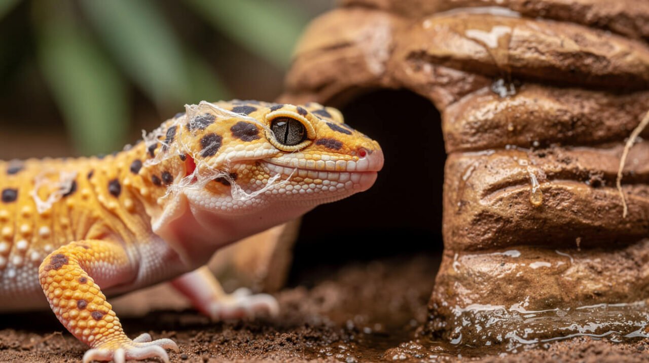 leopard gecko shedding skin near a humid hide