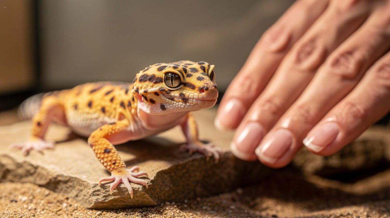 keeper gently observing a healthy leopard gecko