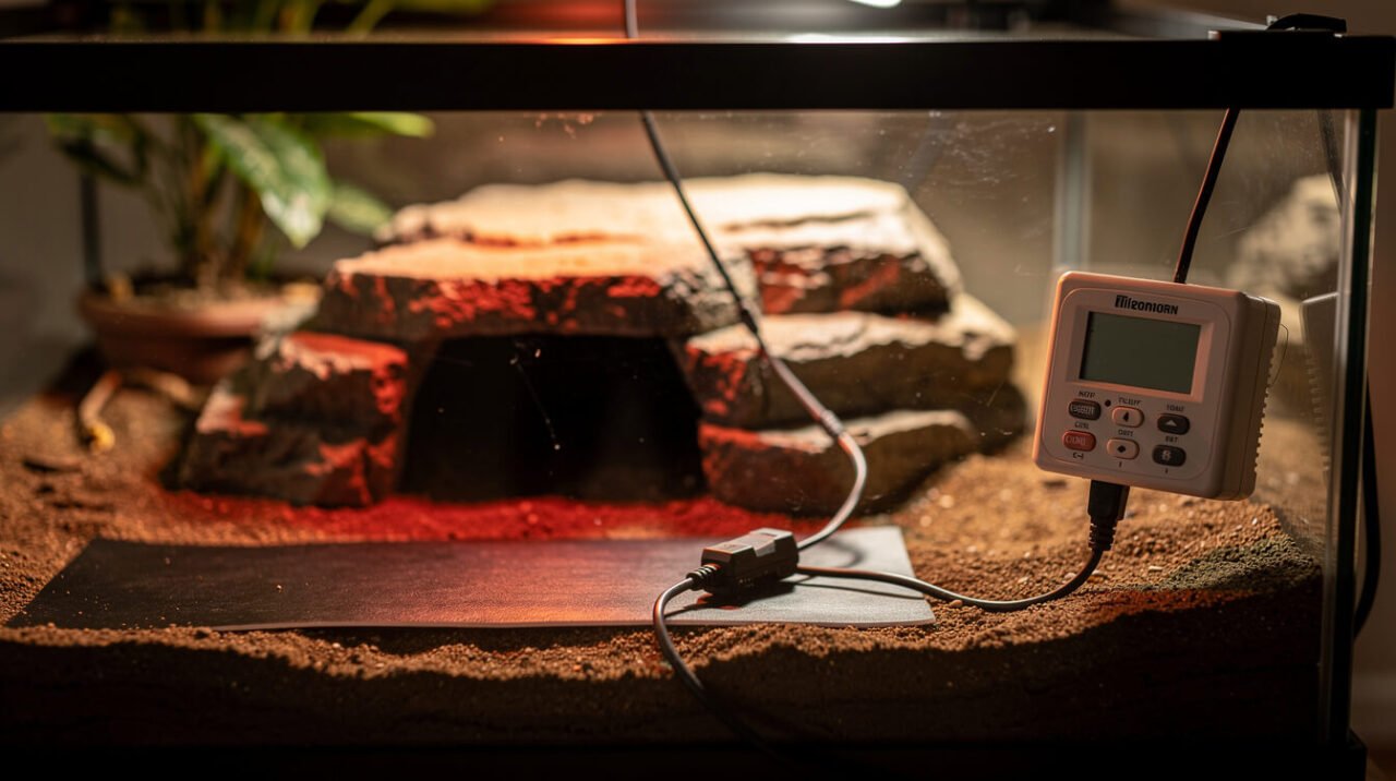 digital probe thermometer and thermostat setup on a reptile terrarium