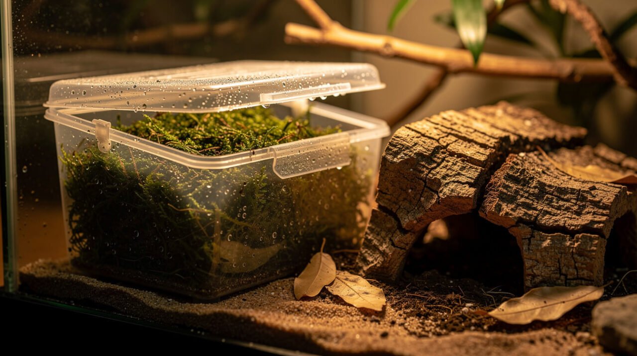 humid hide box with damp moss inside a reptile terrarium