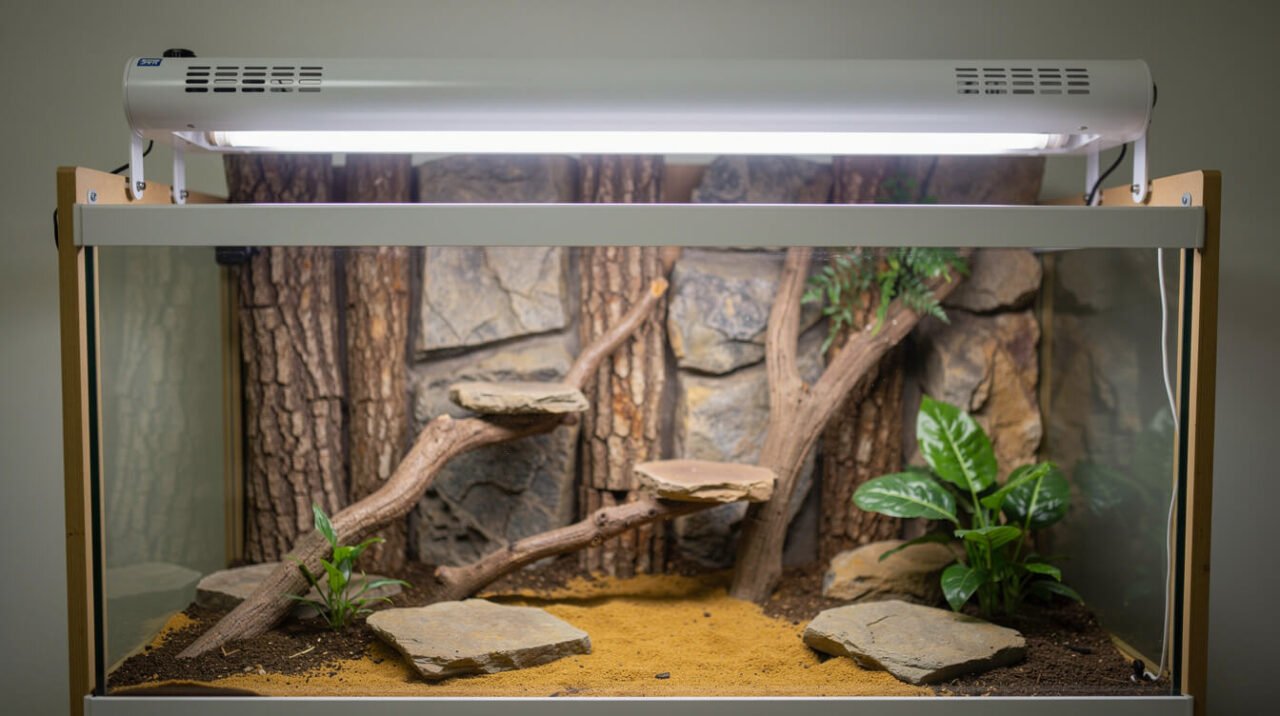 low-output UVB light fixture mounted above a reptile terrarium