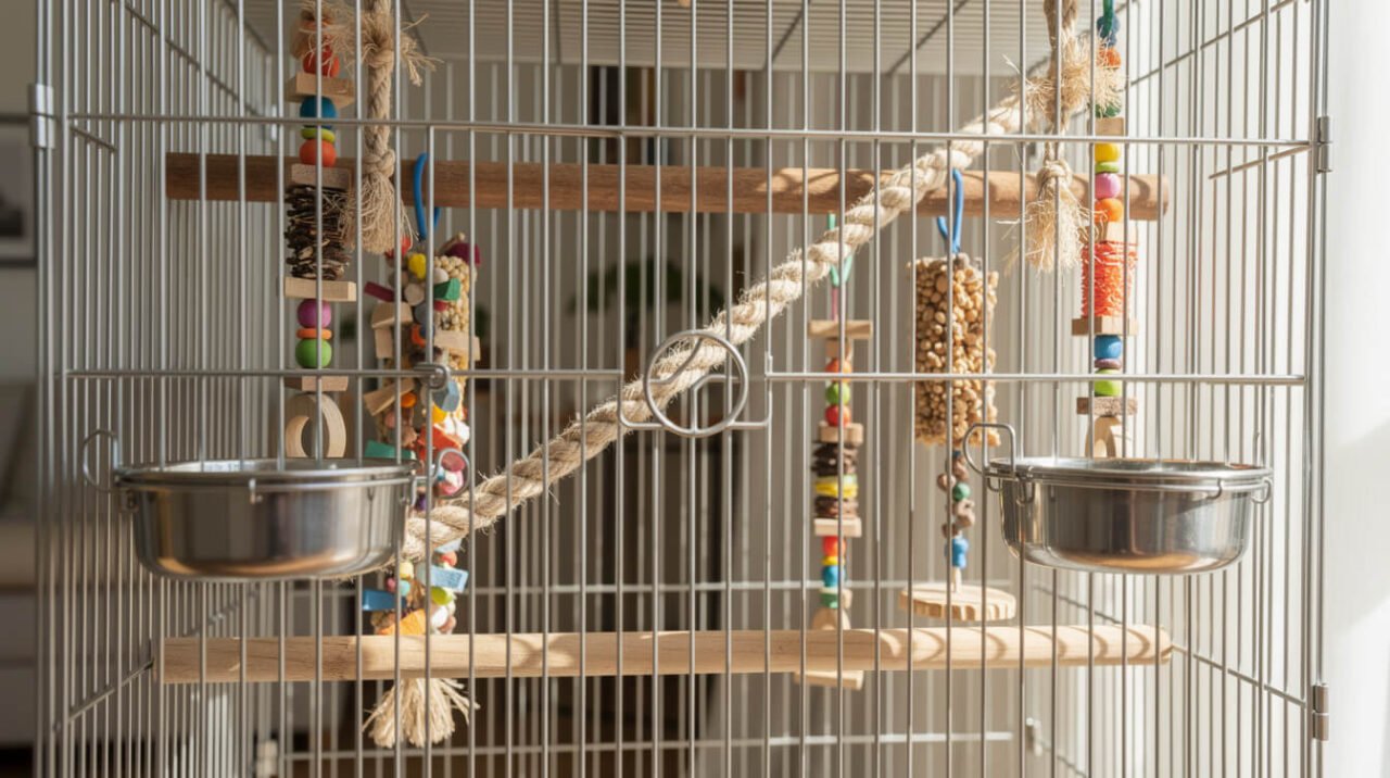 parrot cage interior with varied perches, foraging toys, and food and water bowls