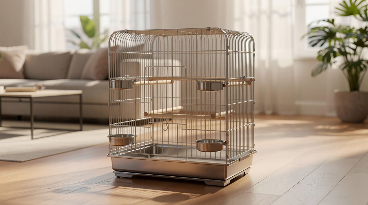 powder-coated metal parrot cage in a bright living room