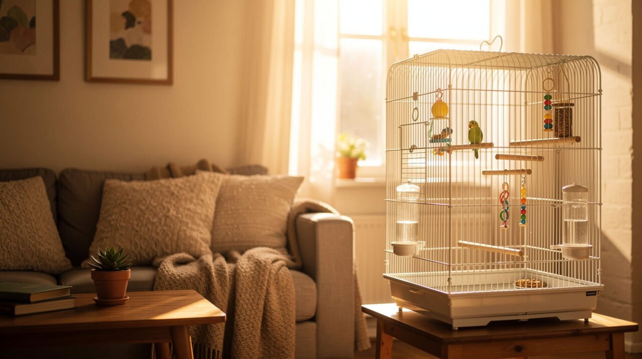 parrot cage placed near a bright window away from direct drafts, in a family living space