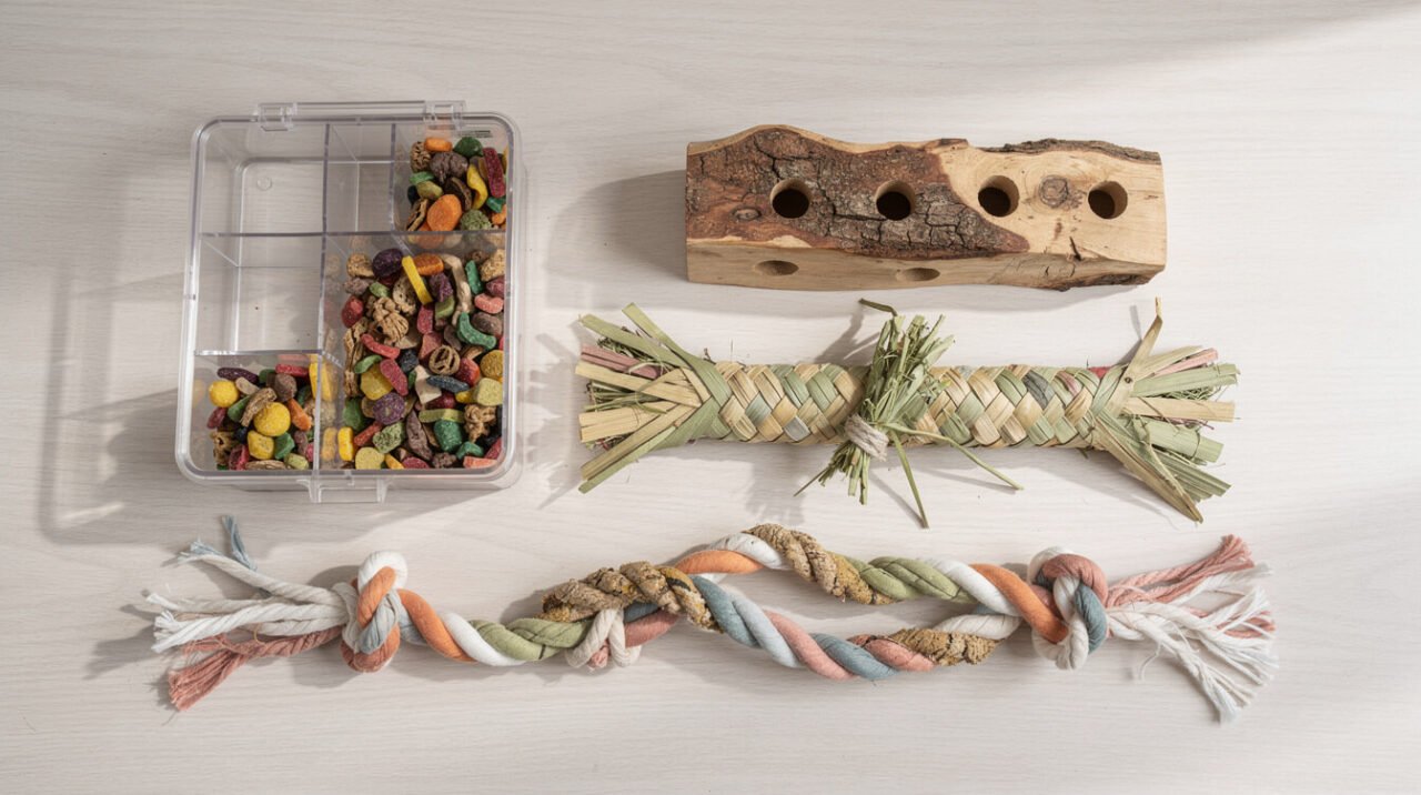 different types of parrot enrichment toys including foraging and shreddable toys