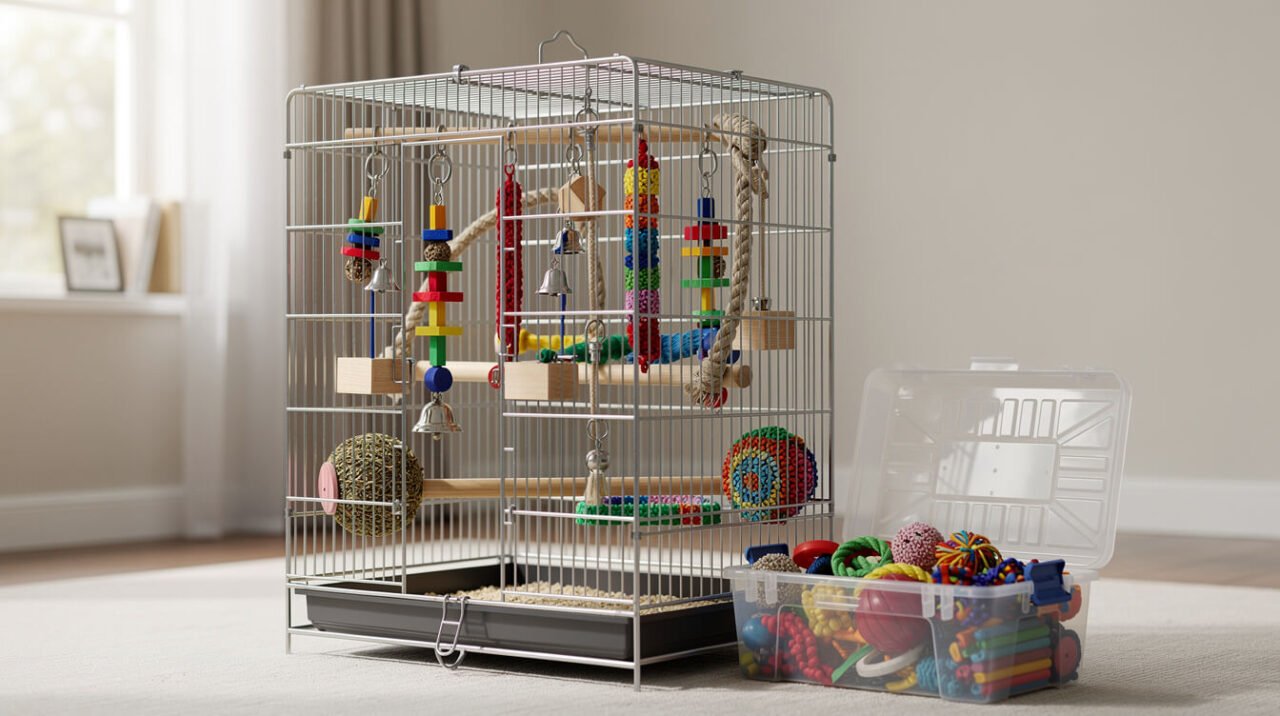 parrot cage with rotating enrichment toys on a weekly schedule