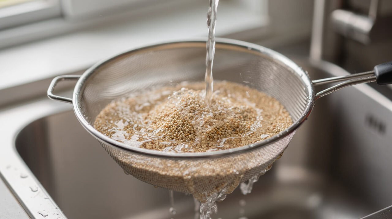 close-up of dry quinoa seeds being rinsed under running water in a mesh strainer