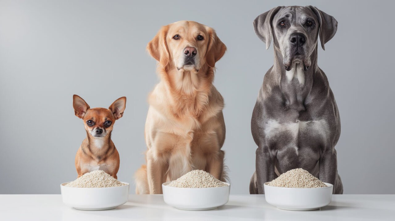 various sizes of dogs next to portioned bowls of quinoa illustrating serving size by weight