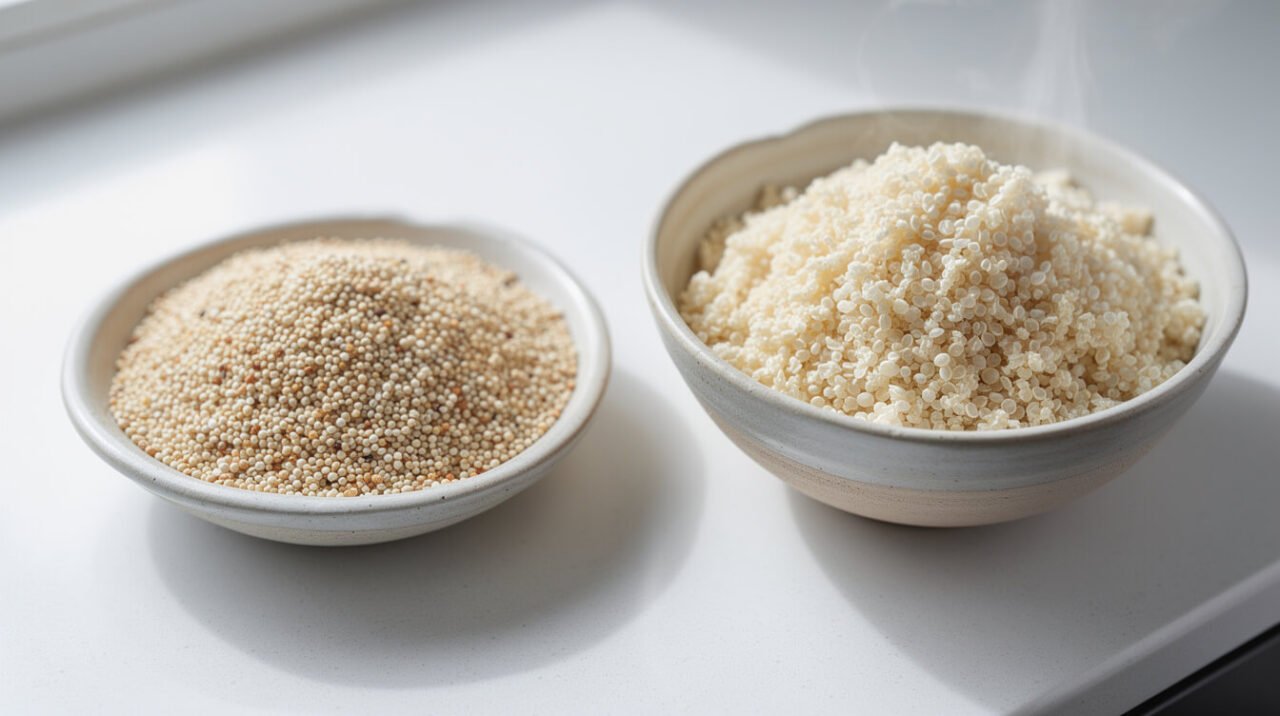 side-by-side comparison of raw dry quinoa seeds and a bowl of fluffy cooked quinoa