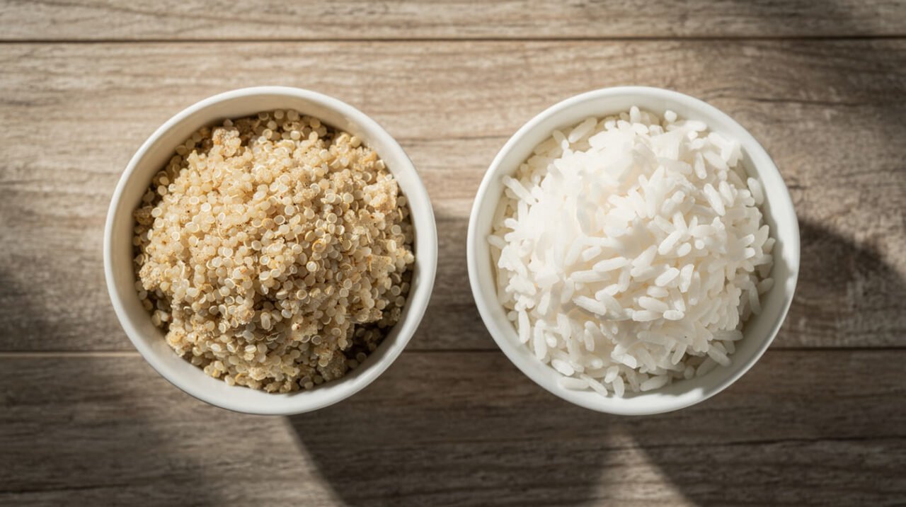 bowls of cooked quinoa and white rice side by side for comparison