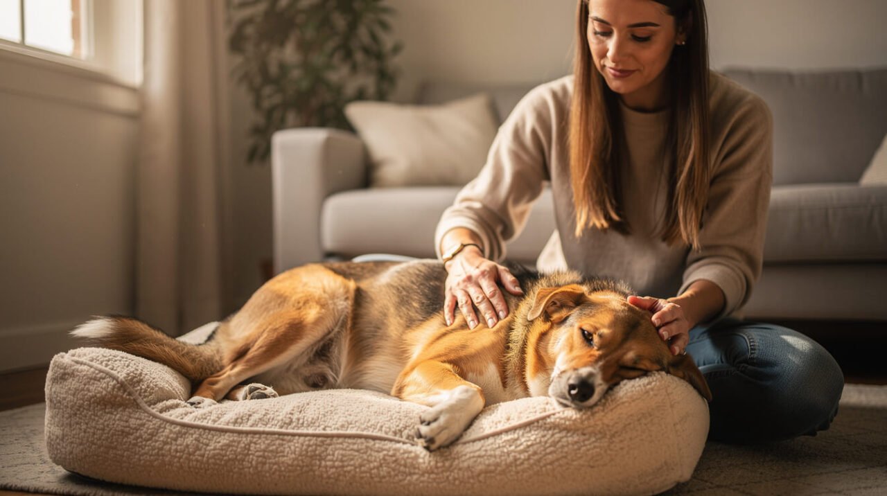 owner checking on a dog resting calmly at home after a meal