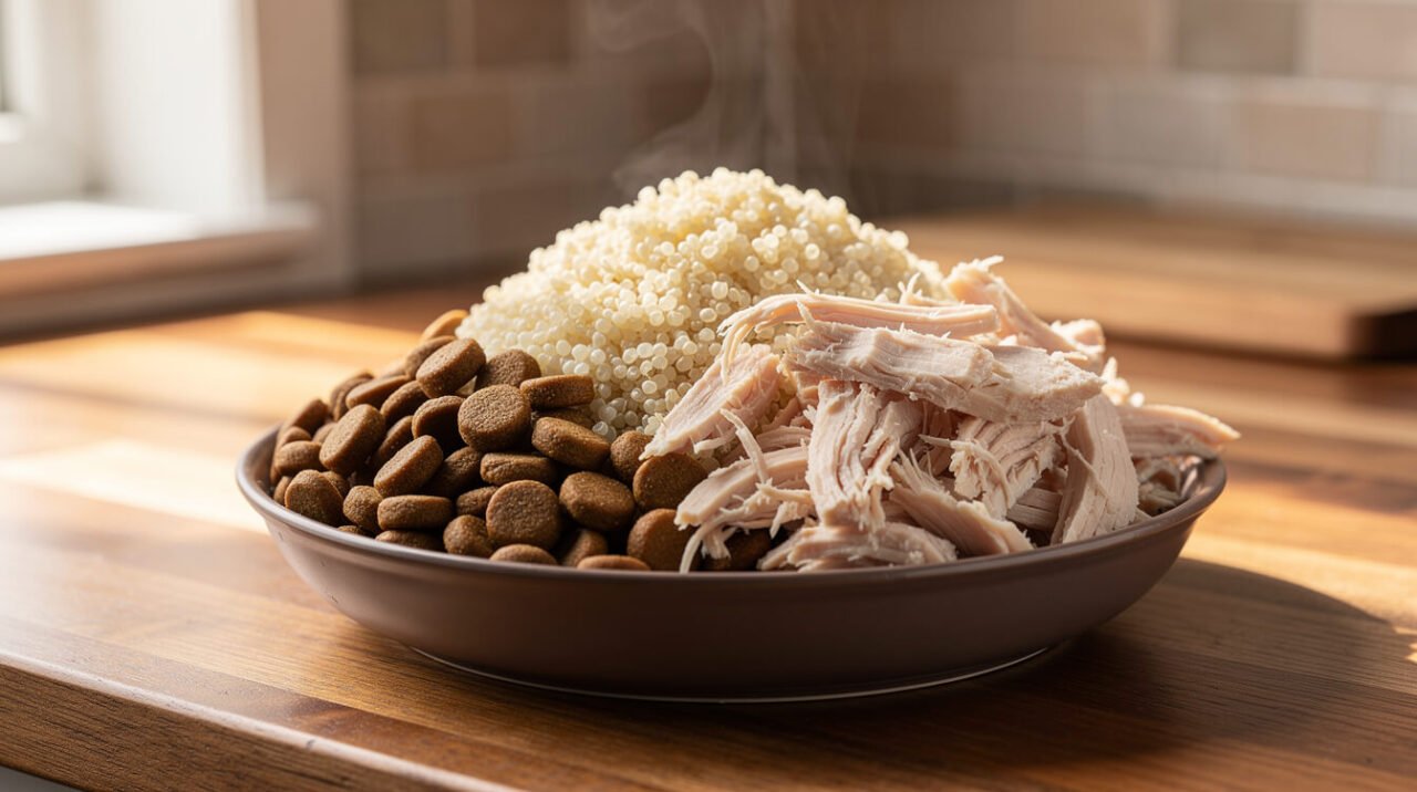 dog food bowl topped with plain cooked quinoa mixed with kibble and shredded chicken