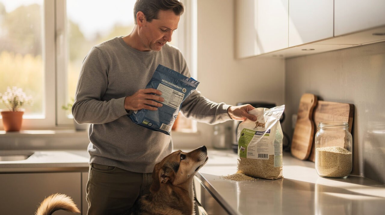 dog owner reading a pet food label in a kitchen with a bag of quinoa nearby