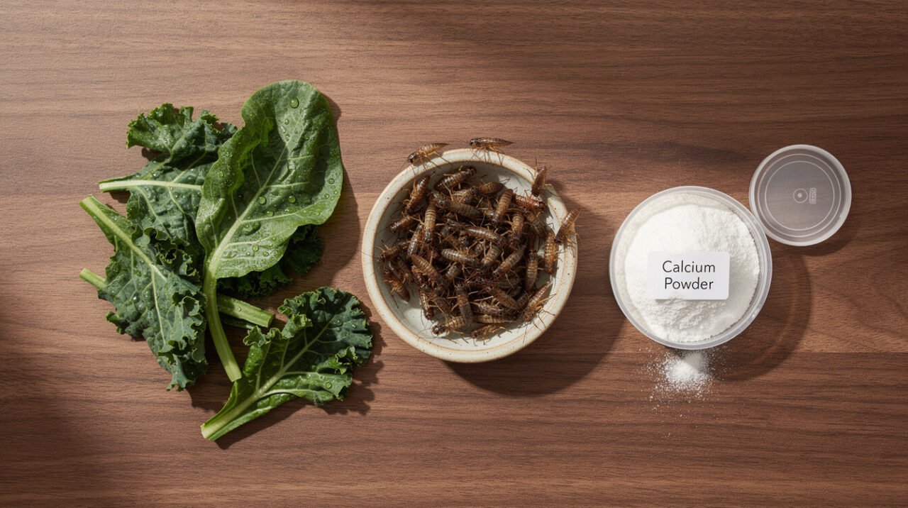 Gut-loaded crickets, leafy greens, and calcium powder for reptile feeding