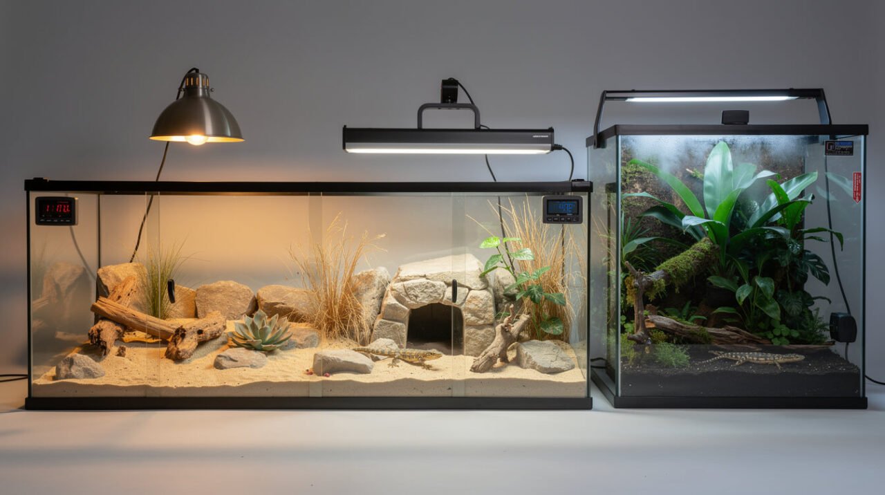 Two contrasting reptile terrarium setups showing different heat and humidity needs