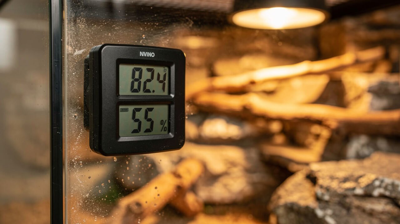 Digital thermometer and hygrometer inside a reptile terrarium