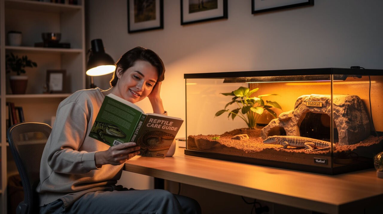 Person reading a reptile care guide next to a warmly lit terrarium