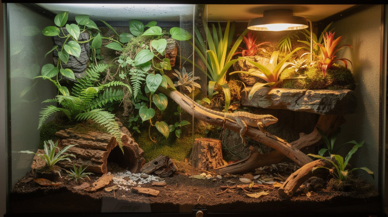 A thriving, well-designed bioactive reptile terrarium with live plants